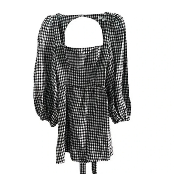 Reformation Mini Dress Size 2 Brodie Linen Puff Sleeve April Plaid Check B544 - Picture 3 of 6
